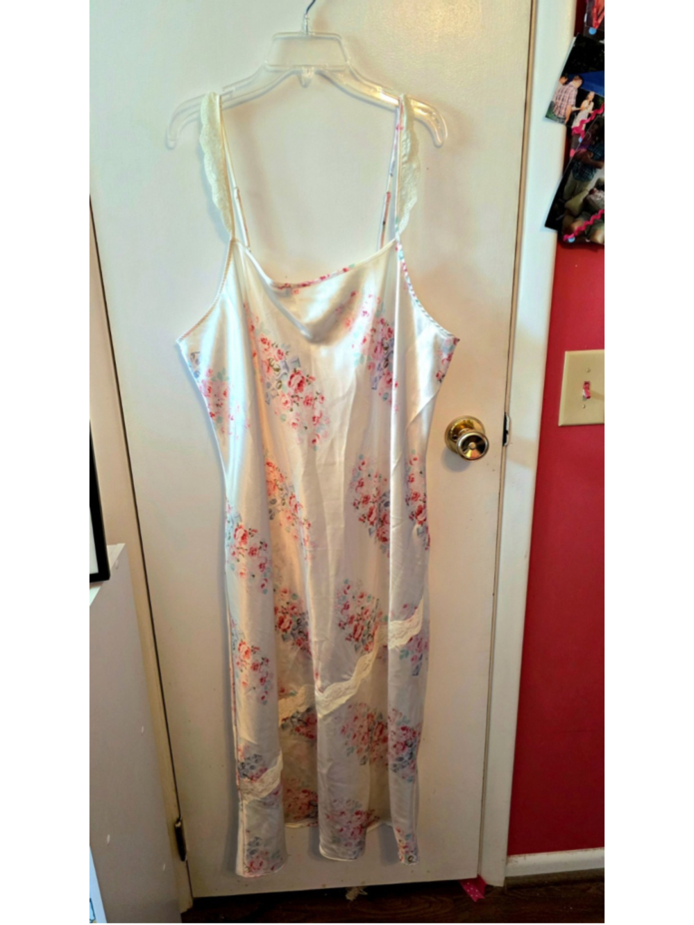 Vintage Womens Y2K Maxi Slip Dress Pink Satin Floral Lace Fairy Coquette Size 1X